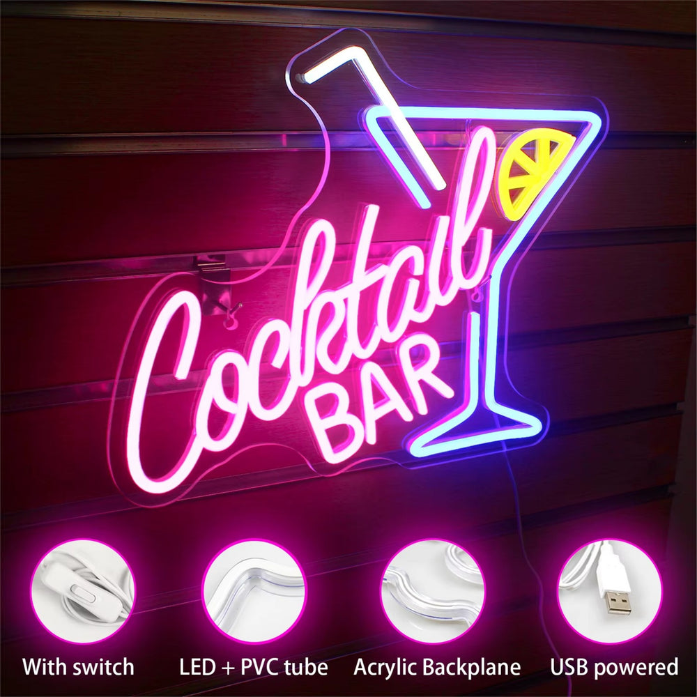 Cocktail Bar LED Neon Sign – Vyntra Lights USB Wall Art for Pub, Party & Man Cave Décor