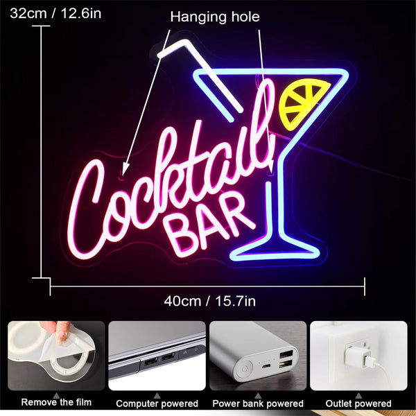 Cocktail Bar LED Neon Sign – Vyntra Lights USB Wall Art for Pub, Party & Man Cave Décor