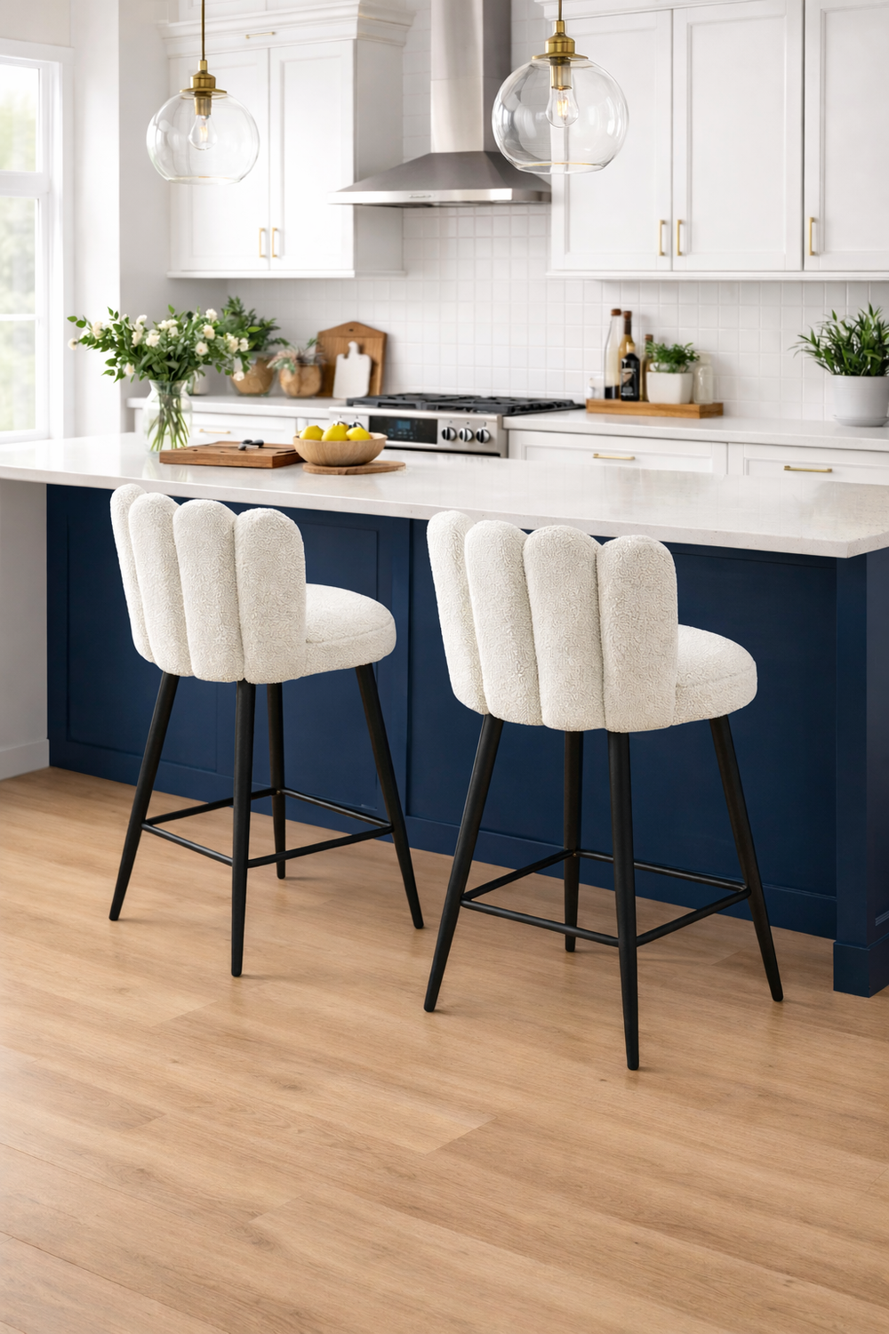 Bar Stools Set of 2 | Boucle Upholstered Shell Seat | Steel Base Off-White