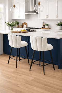 Bar Stools Set of 2 | Boucle Upholstered Shell Seat | Steel Base Off-White