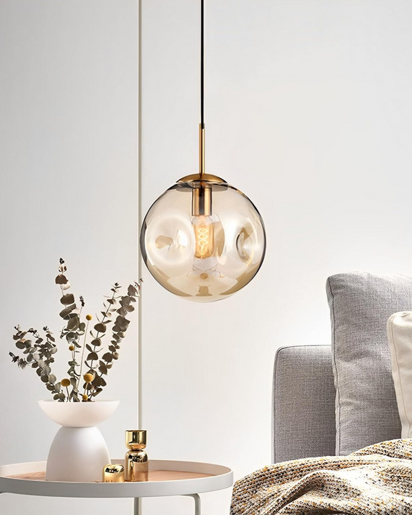 Pendant Ceiling Light - Virello - Amber Glass Globe - Modern Vintage Style