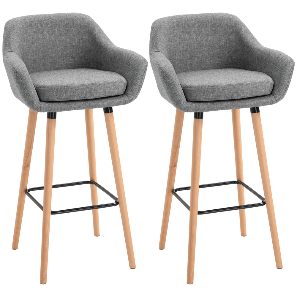 Bar Stools Set of 2| Upholstered Fabric Seat | Solid Wood Legs Grey
