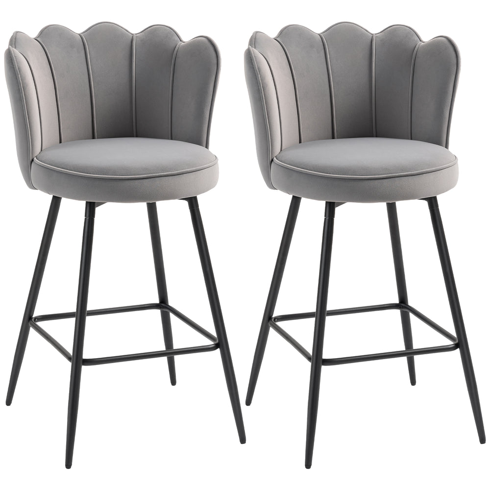 Bar Stools Set of 2 | Velvet-Feel Lotus Back | Grey