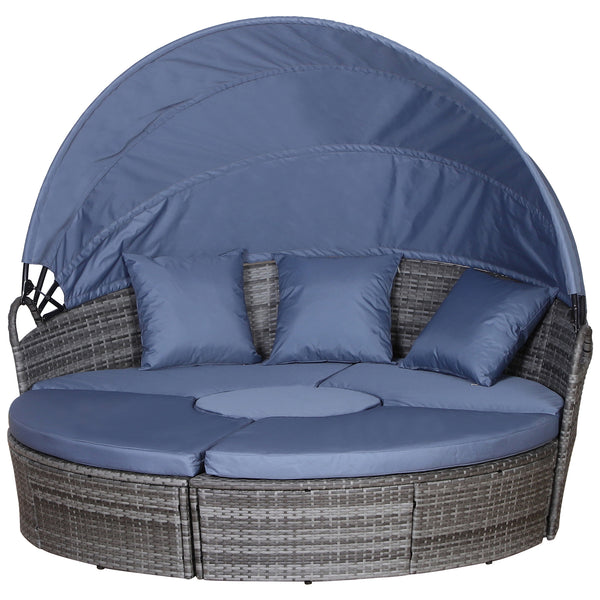 Round Rattan Garden Daybed with Retractable Canopy | Grey Set