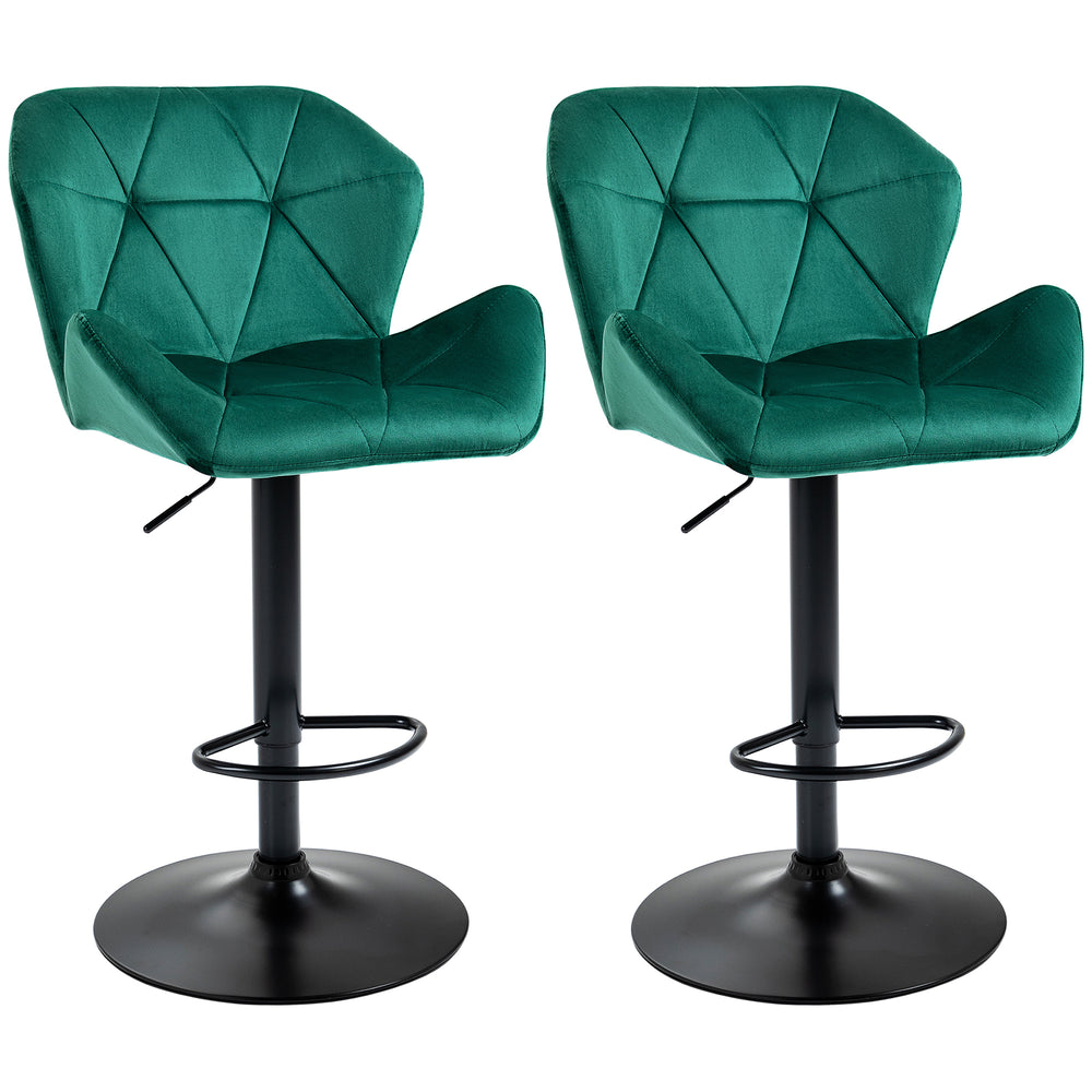 Bar Stools Set of 2 | Adjustable Height | Velvet-Touch Seats | Green
