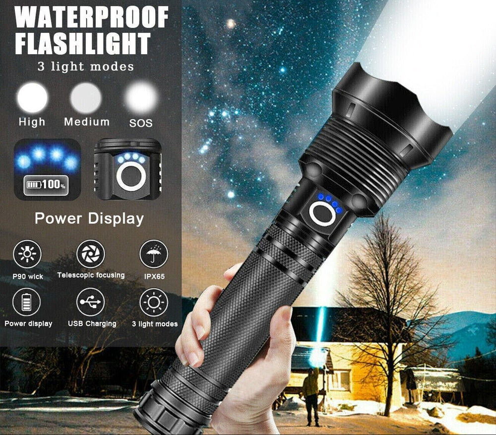 Linterna LED Recargable por USB XHP90 | Antorcha Súper Brillante con Zoom y Haz de 500M | Luz de Trabajo para Camping