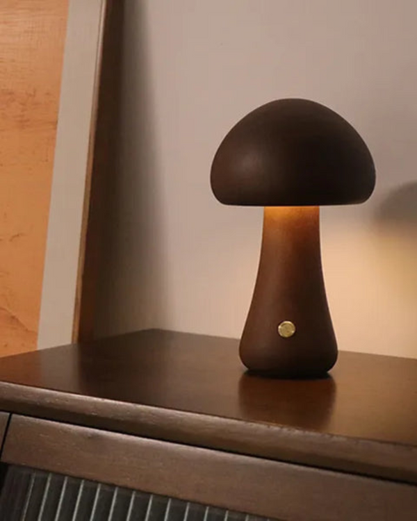 Table Lamp Light - Glomora - Wooden Mushroom Design - Soft Bedside Glow
