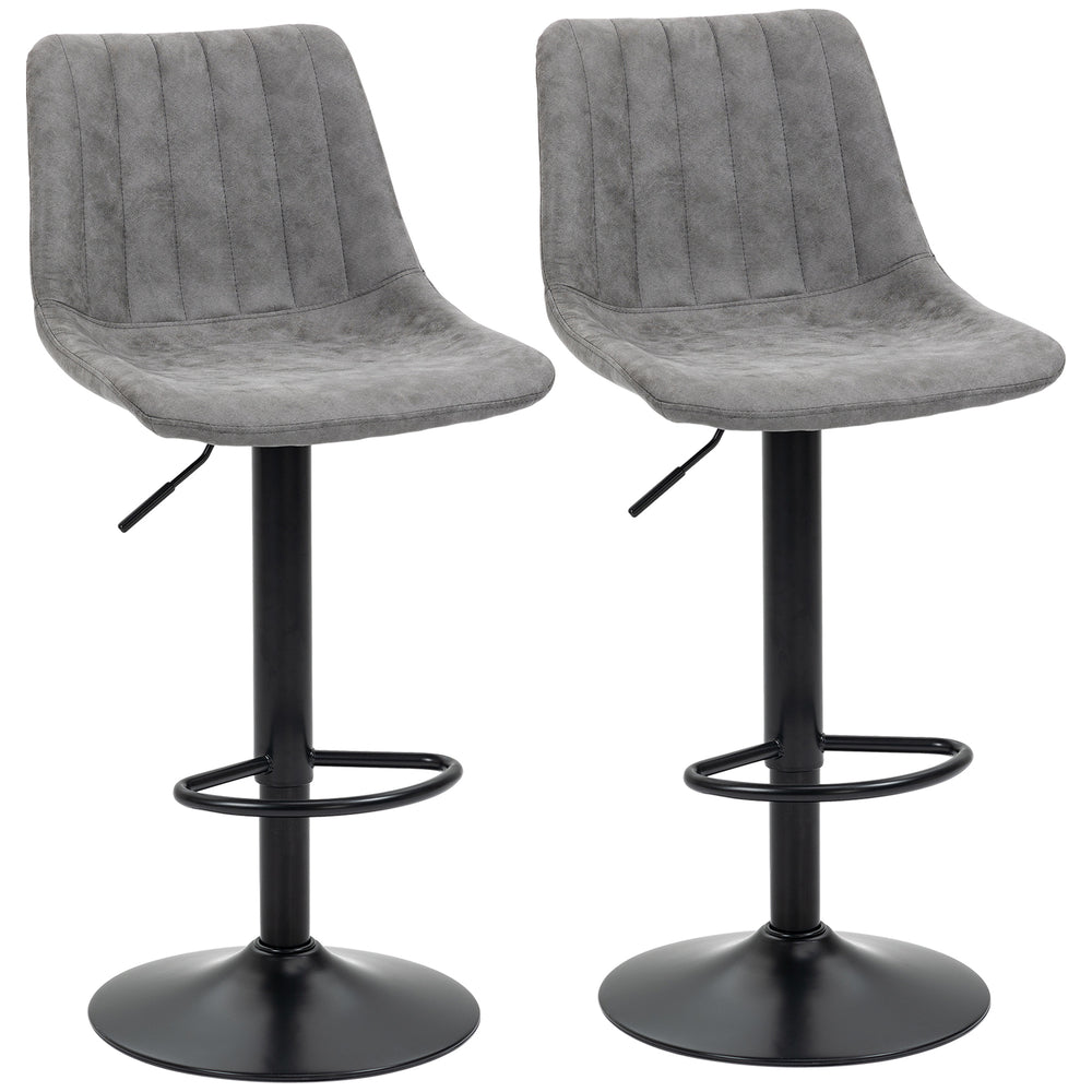 Bar Stools Set of 2 | Adjustable Height + 360° Swivel Grey Upholstered Chairs