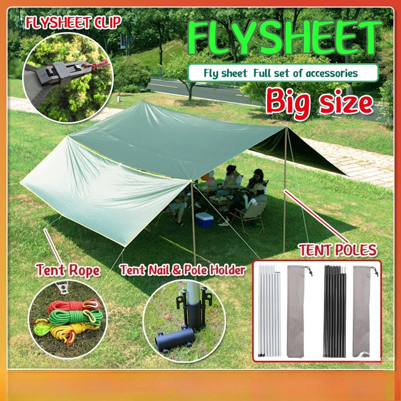 Refugio impermeable para camping 300x340cm | Lona de suelo Oxford plateada con protección UV | Lona multiusos para tienda con postes