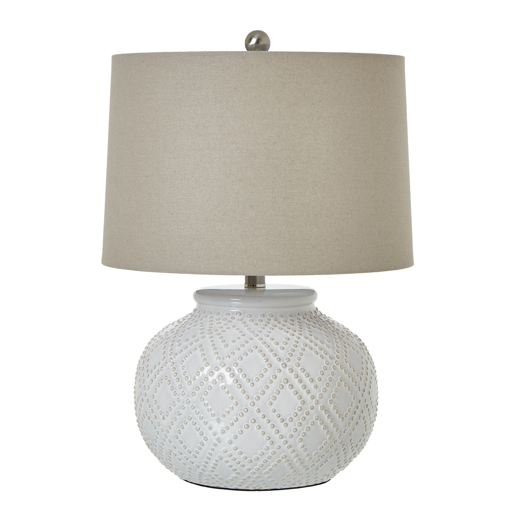 Squat White Beaded Ceramic Lamp with Linen Shade | Coastal Boho