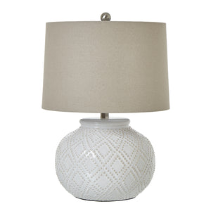 Squat White Beaded Ceramic Lamp with Linen Shade | Coastal Boho