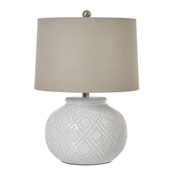 Squat White Beaded Ceramic Lamp with Linen Shade | Coastal Boho