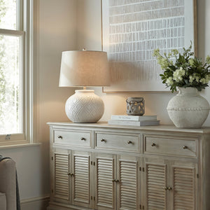 Squat White Beaded Ceramic Lamp with Linen Shade | Coastal Boho