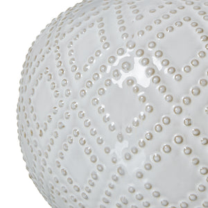Squat White Beaded Ceramic Lamp with Linen Shade | Coastal Boho