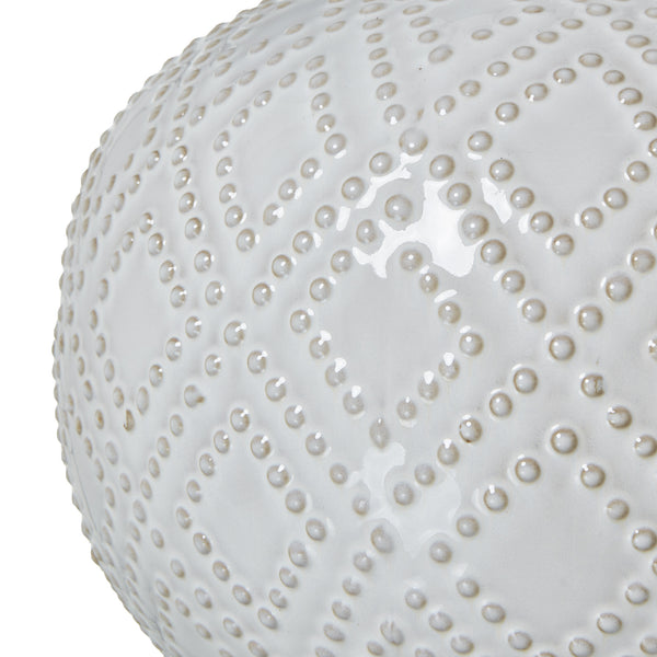 Squat White Beaded Ceramic Lamp with Linen Shade | Coastal Boho