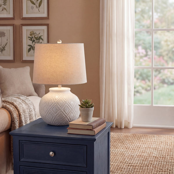 Squat White Beaded Ceramic Lamp with Linen Shade | Coastal Boho