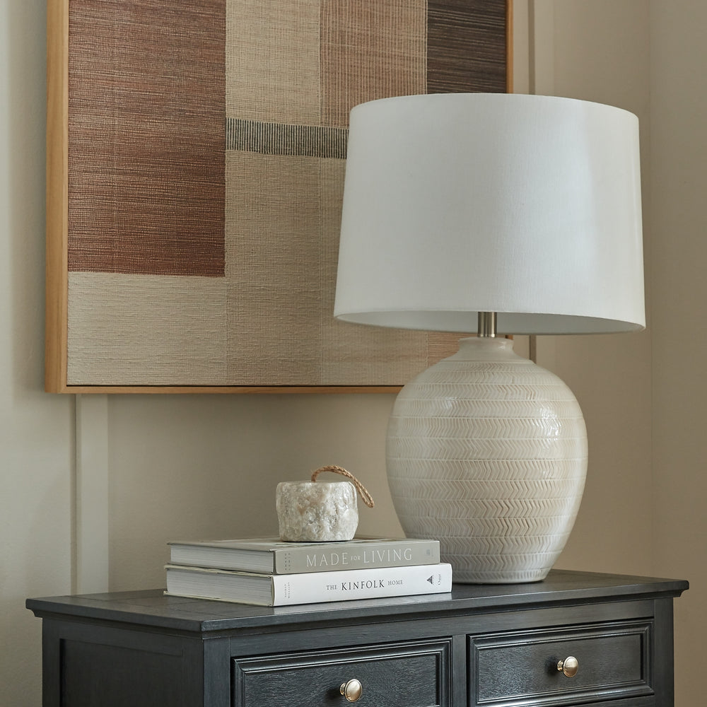 Chevron Luxe | Geometric Relief Ceramic Table Lamp with Linen Shade