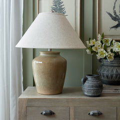 Alabaster Arch | Ceramic Table Lamp with Edged Linen Shade