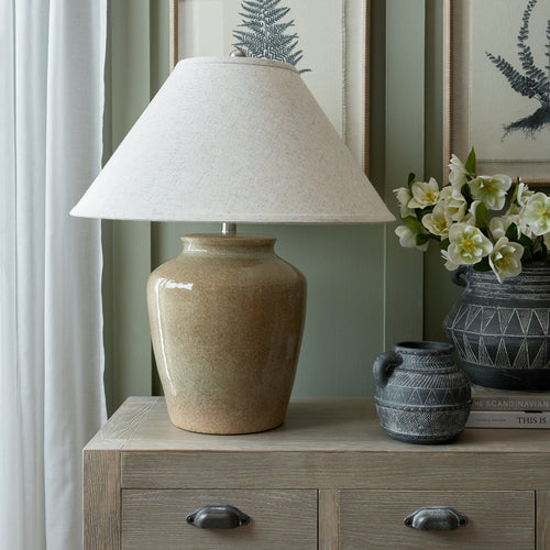 Alabaster Arch | Ceramic Table Lamp with Edged Linen Shade