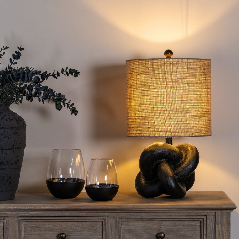 Obsidian Knot | Black Sculptural Table Lamp with Hessian Shade
