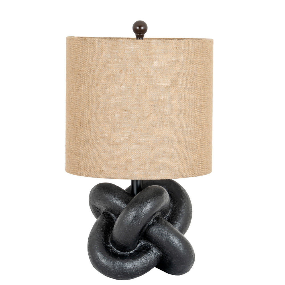 Obsidian Knot | Black Sculptural Table Lamp with Hessian Shade
