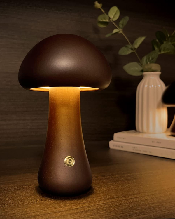 Table Lamp Light - Glomora - Wooden Mushroom Design - Soft Bedside Glow