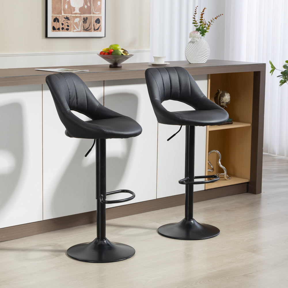 Bar Stools Set of 2 | Adjustable Height | Swivel Seat | Black Upholstered Chairs