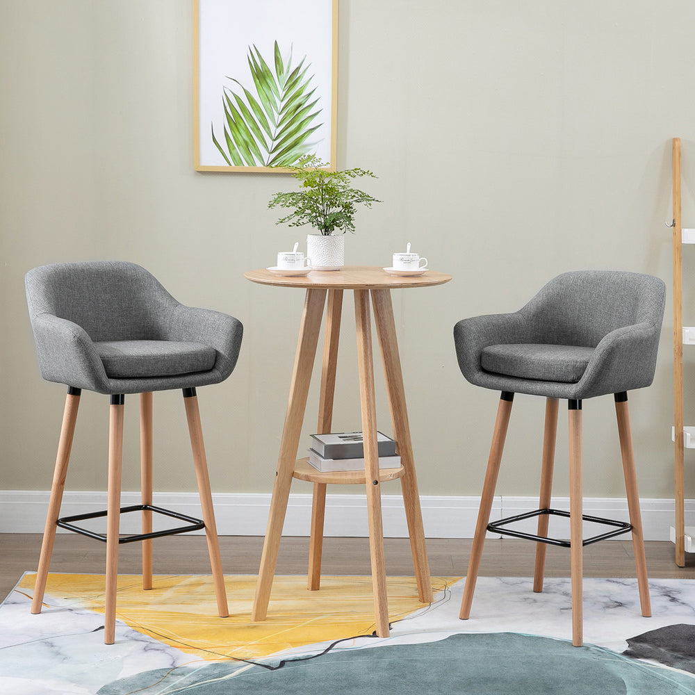 Bar Stools Set of 2| Upholstered Fabric Seat | Solid Wood Legs Grey