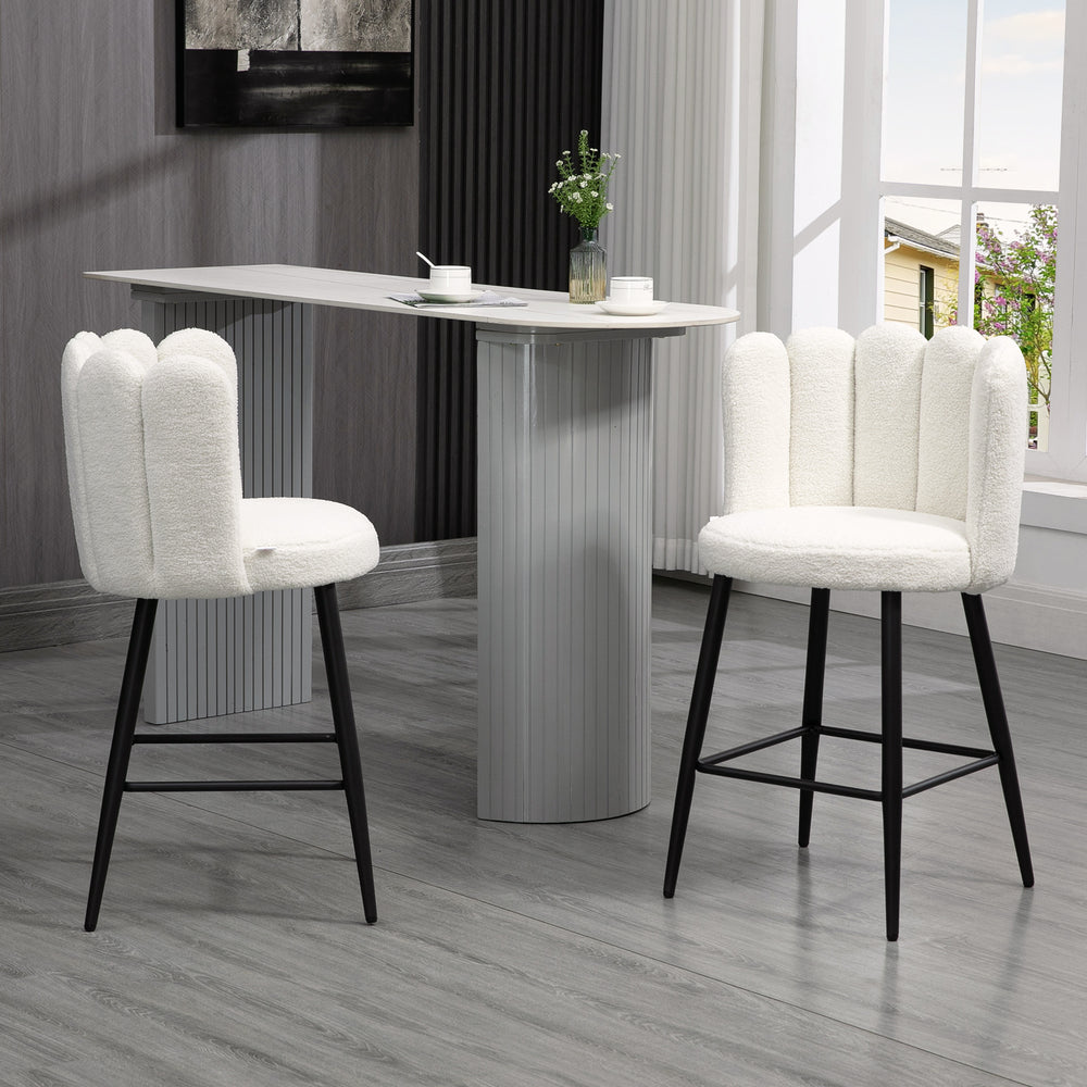 Bar Stools Set of 2 | Boucle Upholstered Shell Seat | Steel Base Off-White