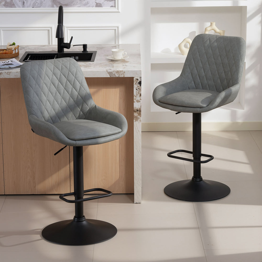 Bar Stools Set of 2 | Adjustable Height | 360° Swivel Faux Leather Light Grey