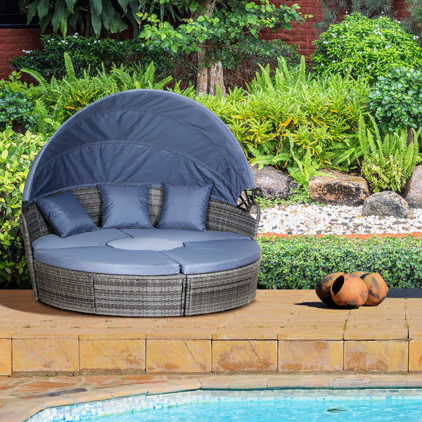 Round Rattan Garden Daybed with Retractable Canopy | Grey Set