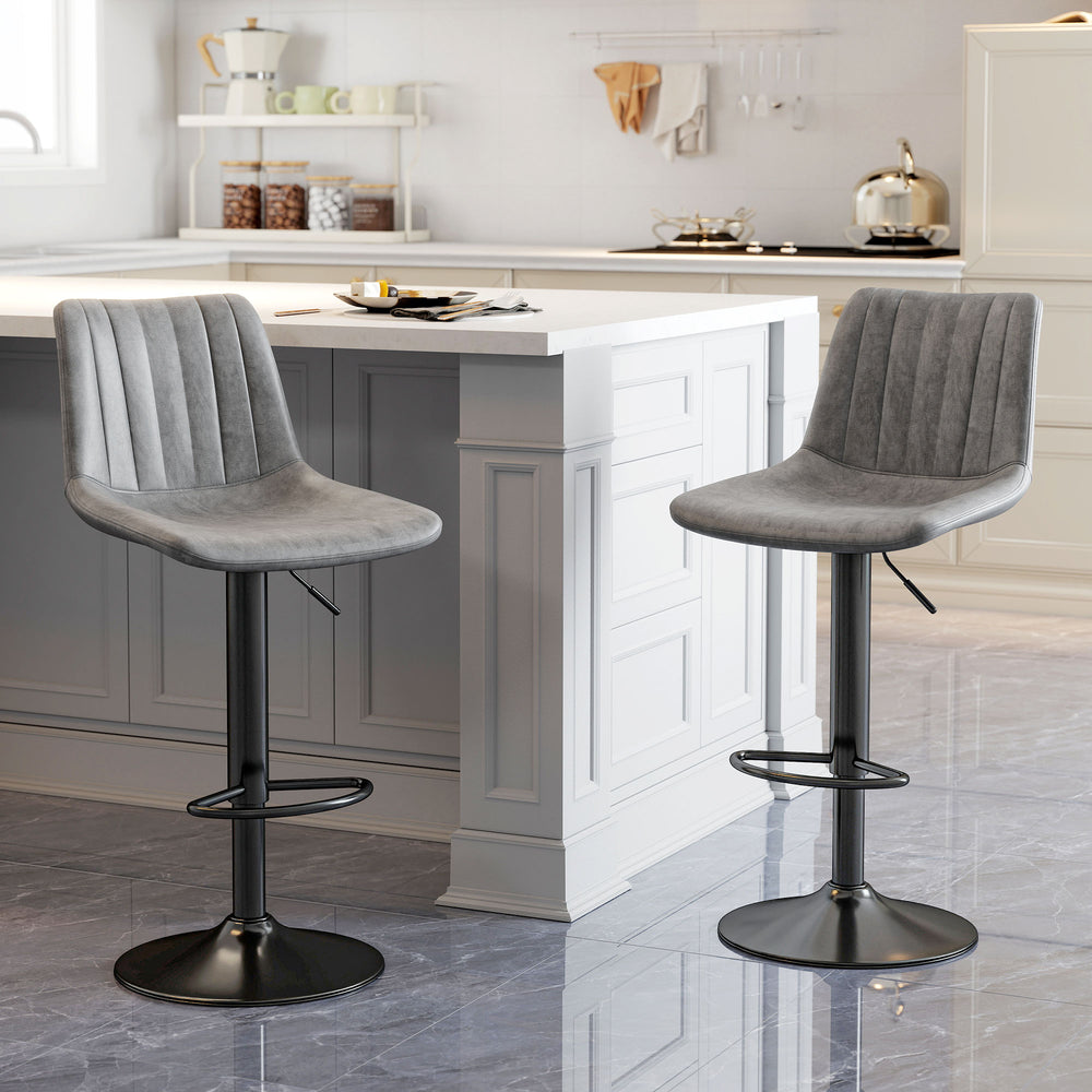 Bar Stools Set of 2 | Adjustable Height + 360° Swivel Grey Upholstered Chairs