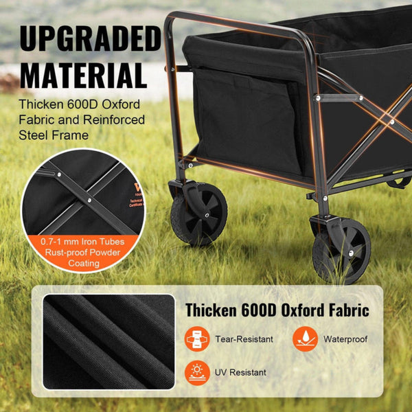 Heavy Duty Folding Wagon Cart 99.8kg Capacity | All-Terrain 12.7cm Wheels Beach Wagon | Collapsible Utility Cart with Drink Holders