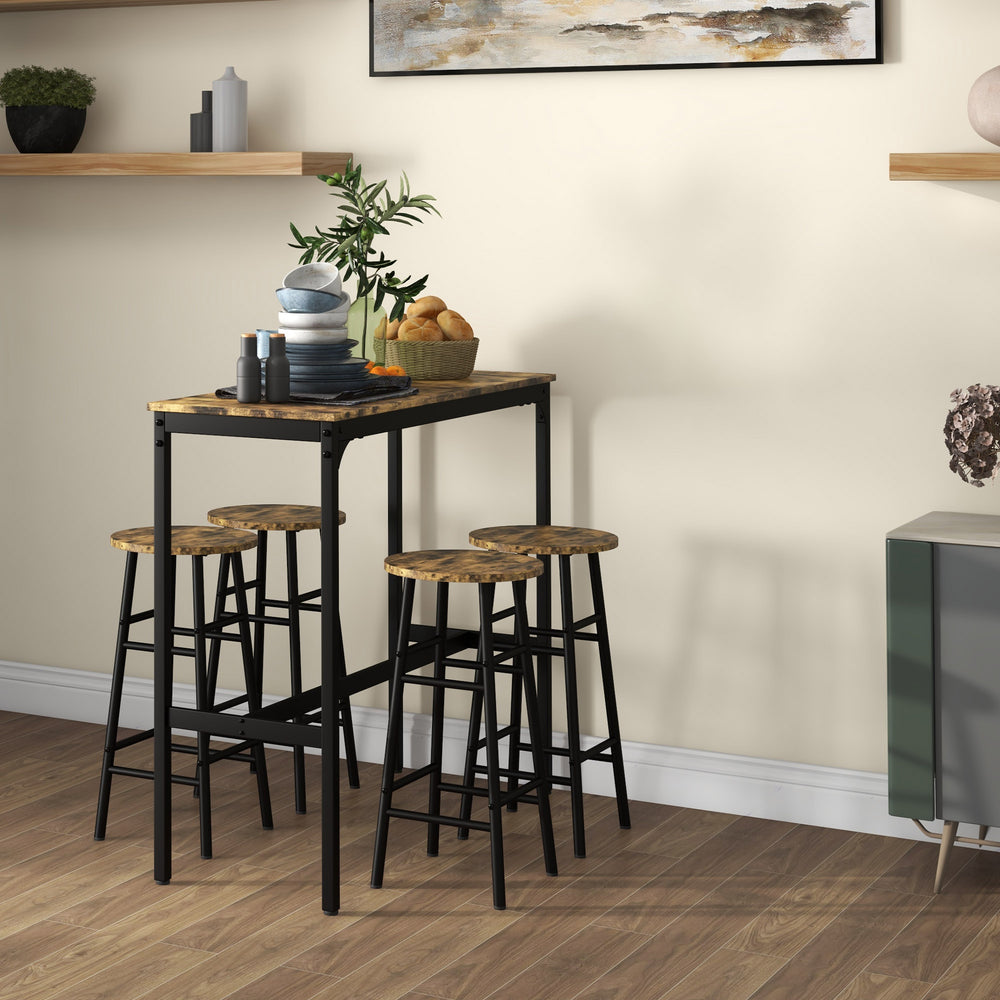 Bar Table Set 5 Piece | Rustic Brown Tops | Steel Frame With 4 Stools