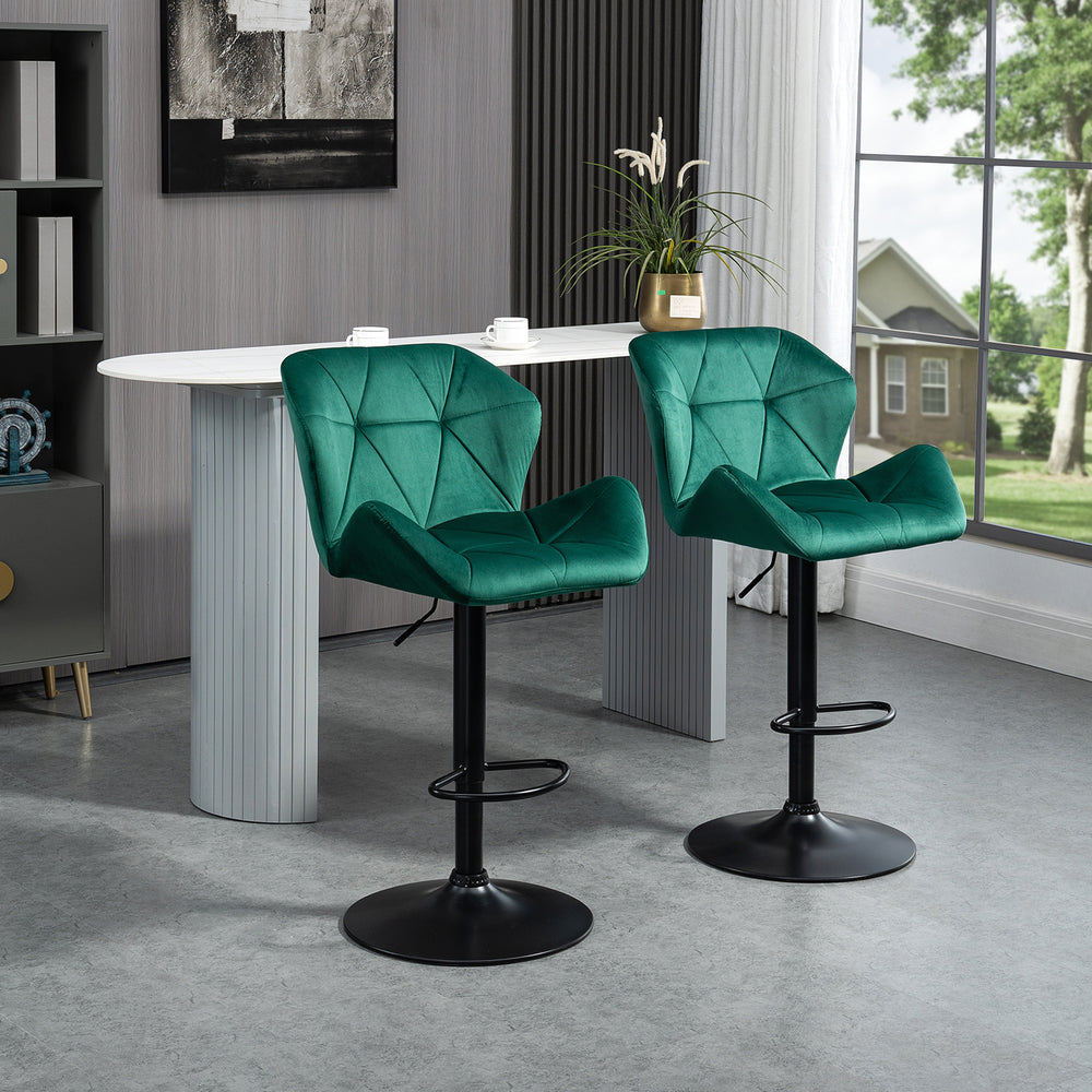 Bar Stools Set of 2 | Adjustable Height | Velvet-Touch Seats | Green