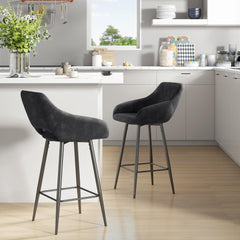 Bar Stools Set of 2 | Velvet-Feel Upholstered Tub Seats | Grey