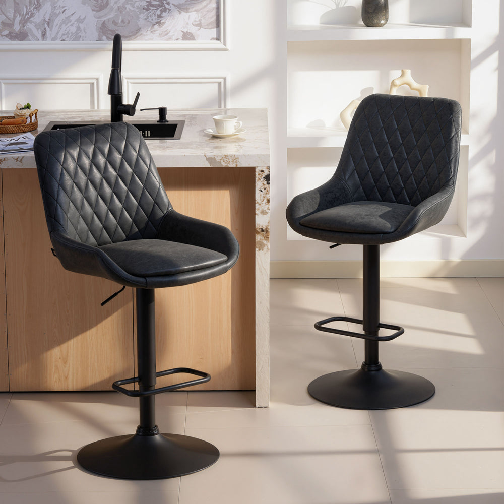 Bar Stools Set of 2 | Adjustable Height | 360° Swivel Faux Leather Black