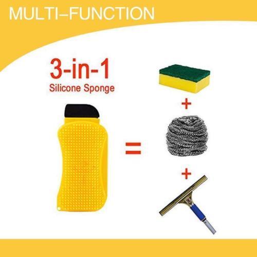 3-in-1 Silicone Sponge Scrubber, Scraper & Squeegee Cleaning Brush — Antibacterial Eco-Friendly Dish Washing Tool for Kitchen, Countertops & Sinks