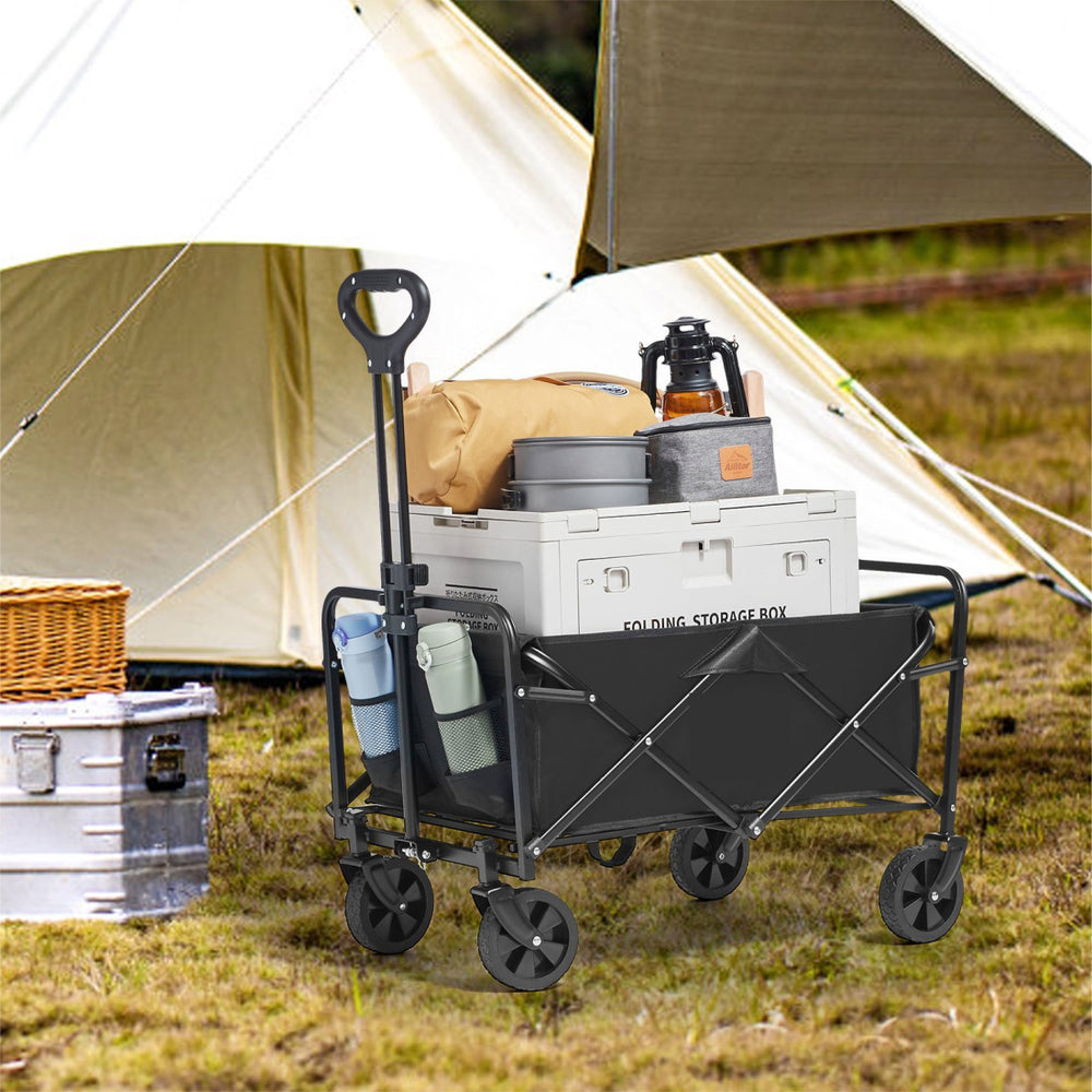 Heavy Duty Folding Wagon Cart 99.8kg Capacity | All-Terrain 12.7cm Wheels Beach Wagon | Collapsible Utility Cart with Drink Holders