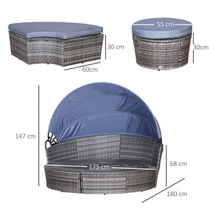 Round Rattan Garden Daybed with Retractable Canopy | Grey Set