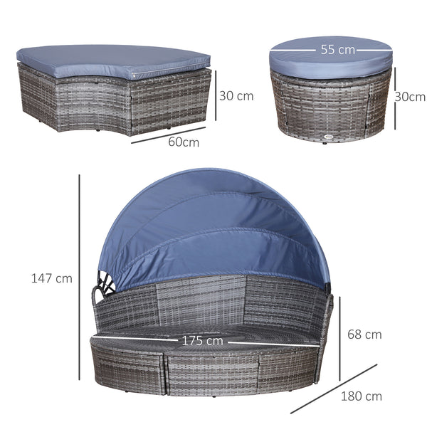 Round Rattan Garden Daybed with Retractable Canopy | Grey Set