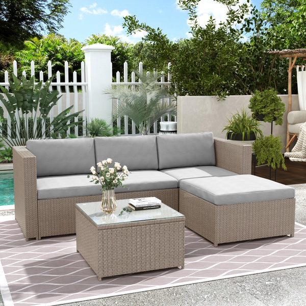 Rattan Corner Sofa Set with Coffee Table | Patio Lounge Set
