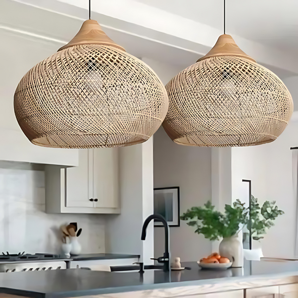 Rattan Ceiling Lamp - Solaro - Handwoven Boho Light - Natural Pendant Decor