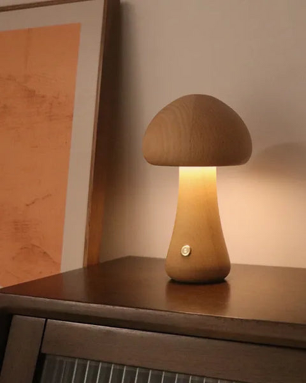 Table Lamp Light - Glomora - Wooden Mushroom Design - Soft Bedside Glow