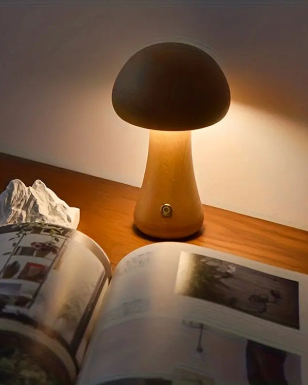 Table Lamp Light - Glomora - Wooden Mushroom Design - Soft Bedside Glow
