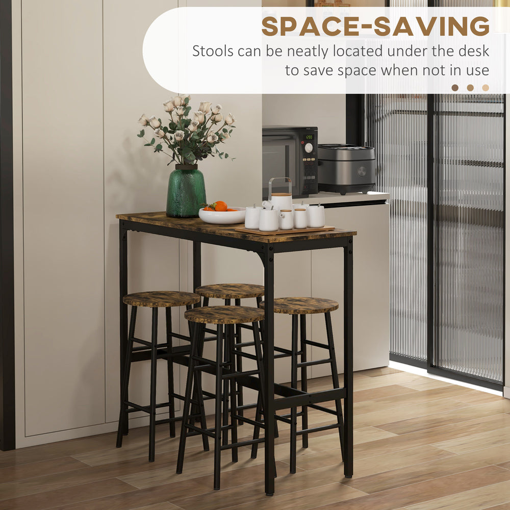 Bar Table Set 5 Piece | Rustic Brown Tops | Steel Frame With 4 Stools