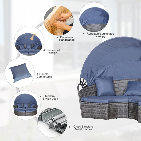 Round Rattan Garden Daybed with Retractable Canopy | Grey Set