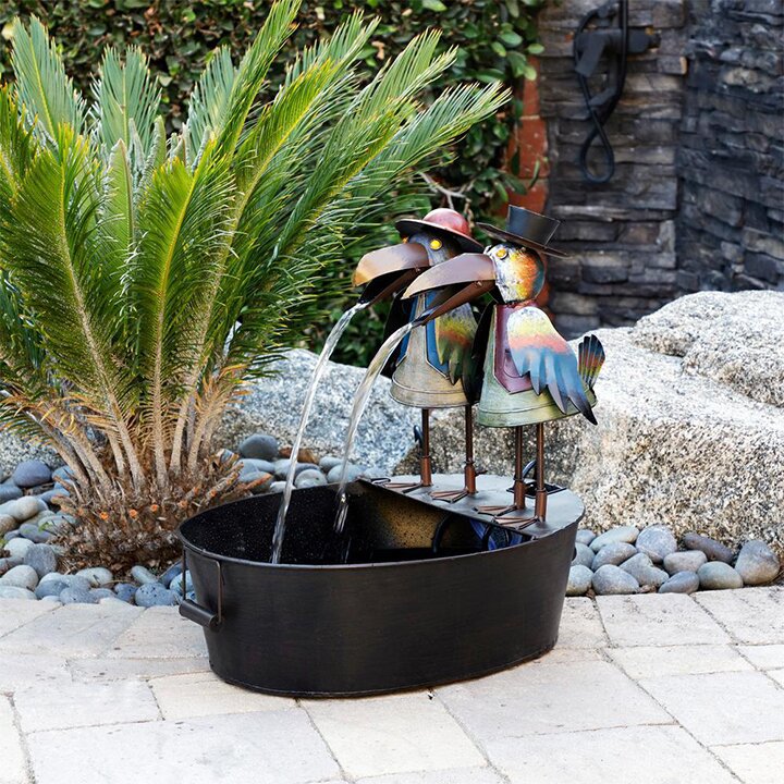 Bird Fountain Garden Ornament | Flowing Water Feature with Electric Pump | Owl, Crow & Rooster Designs