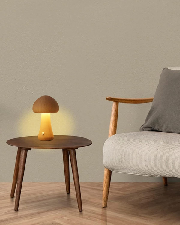 Table Lamp Light - Glomora - Wooden Mushroom Design - Soft Bedside Glow