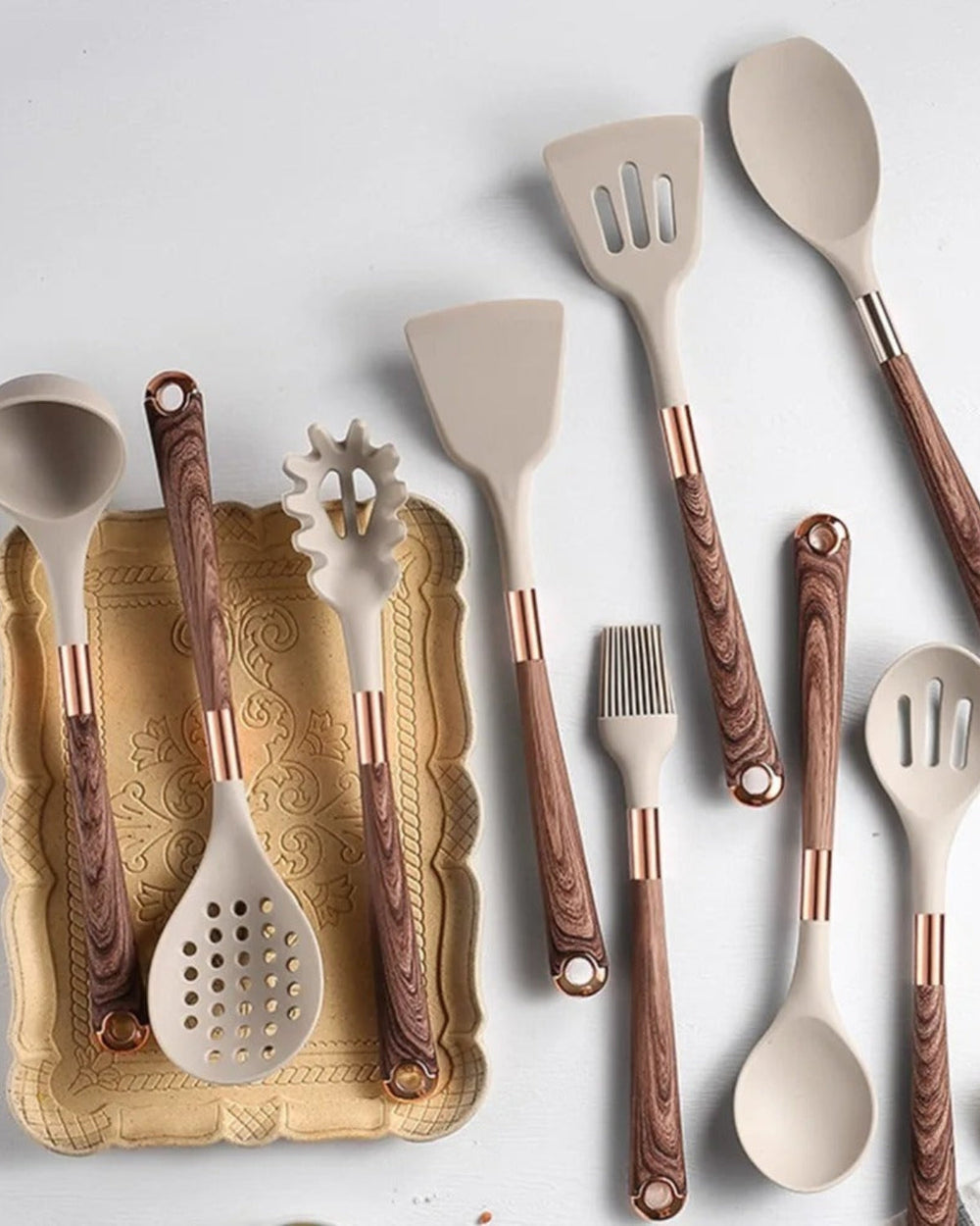 Kitchen Utensil Set - Cuivra - Non-Stick Cooking Tools - Wooden Handle Design